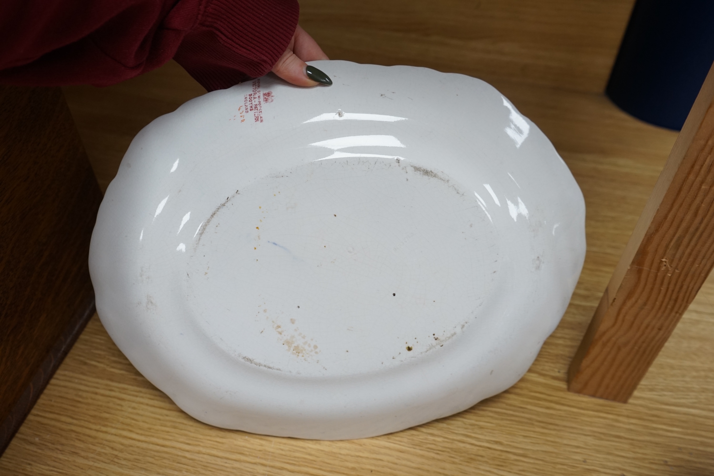 A Victorian Booths pottery iron red, blue and gilt soup tureen, cover, stand and ladle. Condition - good